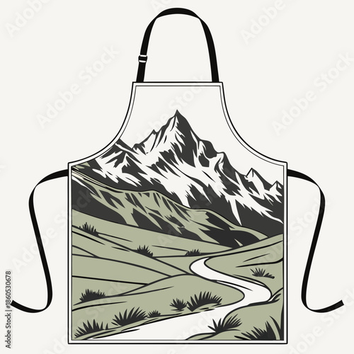 Mountain landscape apron with black straps and green hills