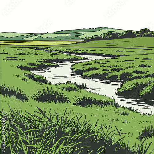 Green grassland basin with winding stream and low rises