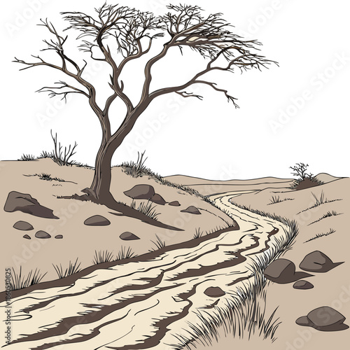 Dry wash with tree and rocks on sandy hill grass