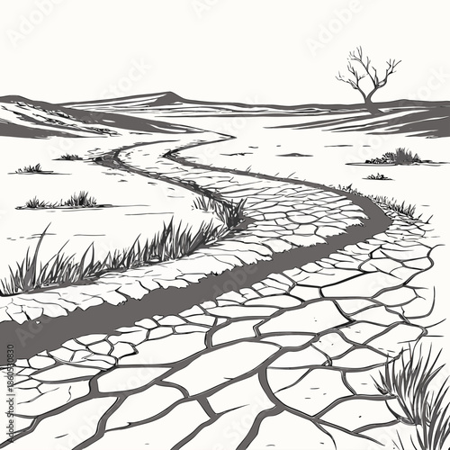 Dry cracked earth path through open arid land with sparse vegetation