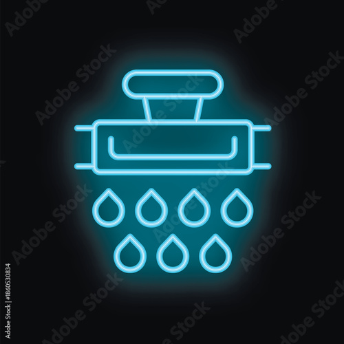 Blue neon shower head icon glowing on dark background, representing hygiene and bathroom fixtures