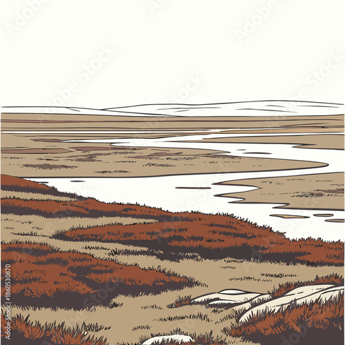 Tundra landscape with muted ground patterns and winding waterway
