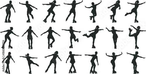 Roller skating silhouette, black sport icons, dynamic movement vector, skating pose illustration, athletic activity graphic, fitness motion design art
