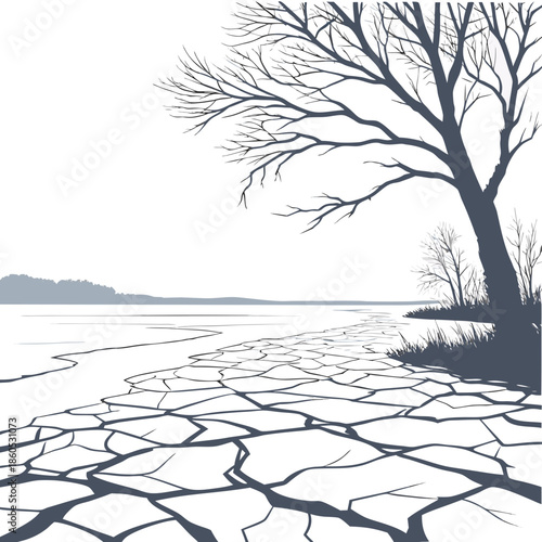 Cracked frozen lake surface with bare tree cracked ice