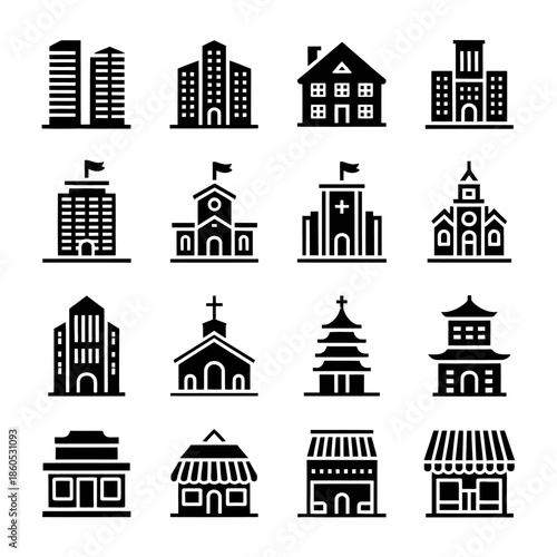Set of black silhouette building icons and architectural symbols representing skyscrapers residential houses school hospital church pagoda and retail shops for urban mapping and real estate design