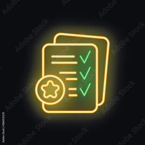 Glowing neon icon of documents featuring check marks, symbolizing completed tasks and efficient workflow