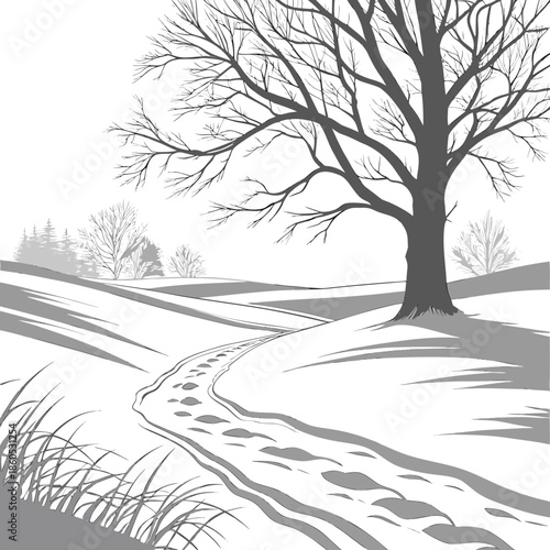 Snowfield with bare tree and footprints in grayscale