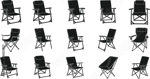 Camping chair silhouette, folding seat vector, black furniture icons, outdoor seating design, portable chair graphic, travel gear illustration, comfort art