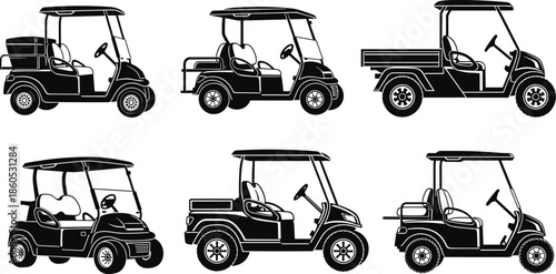 Golf cart silhouette, black vehicle icons, electric transport vector, utility and recreational design, mobility graphic art, compact driving illustration