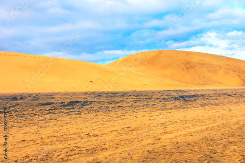 Desert landscape featuring large golden sand dunes under partly cloudy blue sky. Scenery is characteristic of many major desert and coastal dune areas around the world