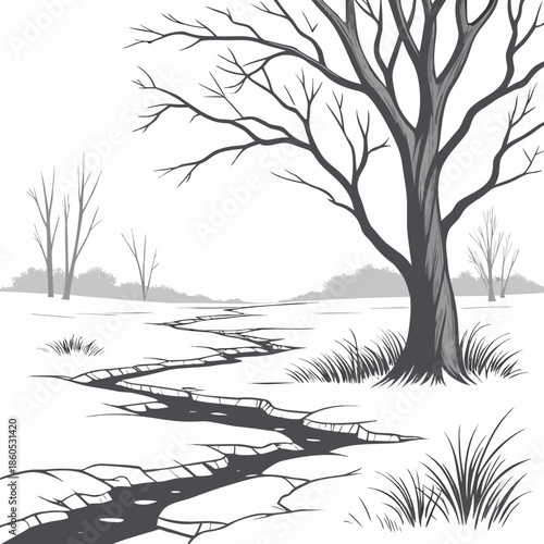 Frozen tundra with cracked ice and bare trees winter landscape