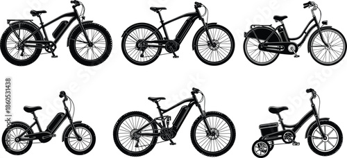 Electric bike silhouette, black bicycle icons, city and mountain cycle vector, children’s bike graphic, transportation design, mobility art
