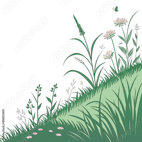 Green grassy hill with flowers and butterfly on white