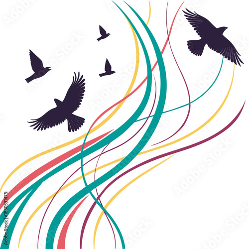 Birds flying through abstract colorful motion trails on white