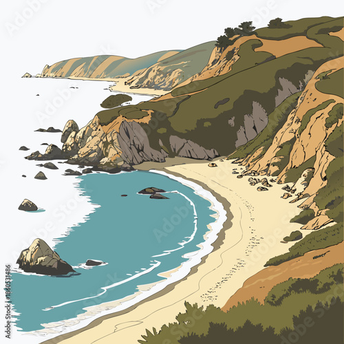 Sandy beach with rocky shoreline and cliffs coastal