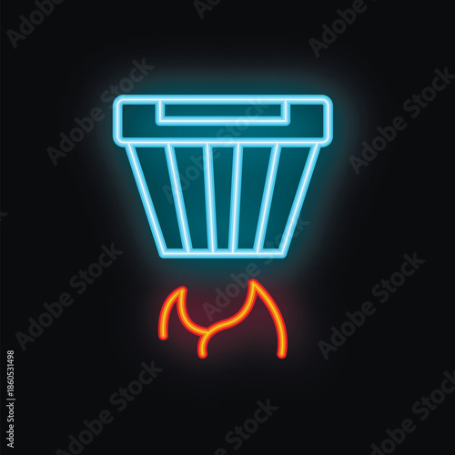 Blue neon trash can burning with bright orange flames on black background