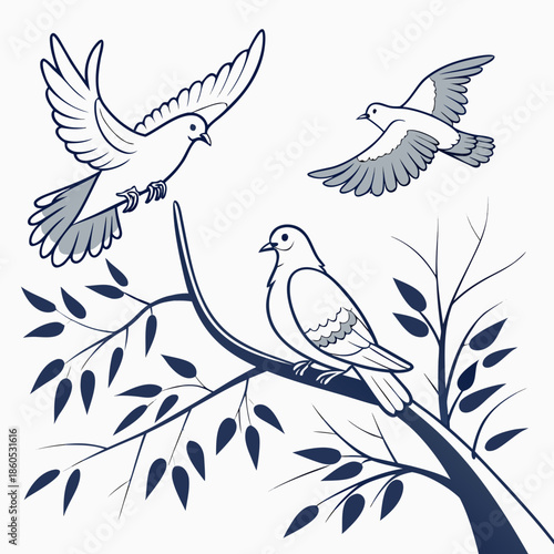 White and blue birds on a tree branch leaves flying birds