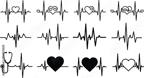 Heartbeat vector illustration, ECG line icons, medical heart graphics, black and white design, cardiology symbol art, wellness monitor silhouette