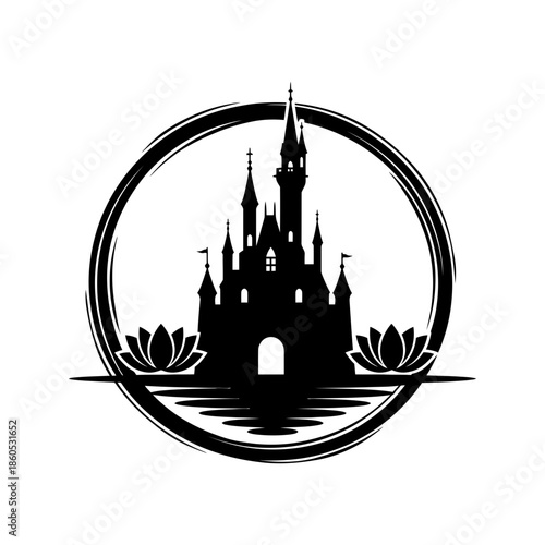 Zen enso circle lotus castle silhouette design vector illustration