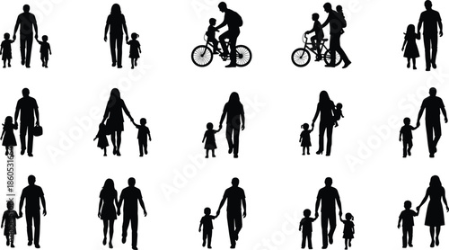 Parent child silhouette, family activity vector, black human icons, walking biking carrying poses, relationship graphic, bonding moment illustration