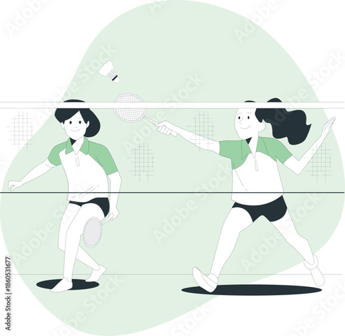 Two women playing badminton together on a court