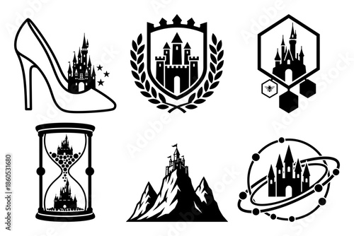 Glass slipper pedestal fairytale shield celestial magic castle vector illustration