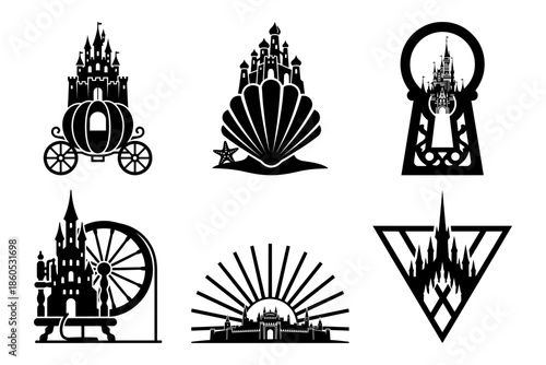 Pumpkin carriage wheel castle fusion ocean gateway kingdom vector illustration