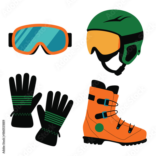 Collection of winter sports equipment including ski goggles, gloves, helmet, and boot