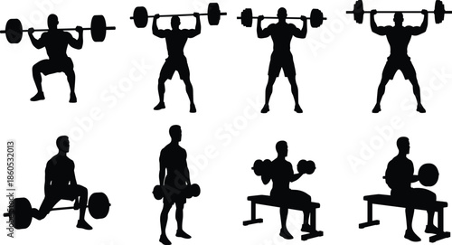 weightlifting silhouettes, gym workout, barbell exercises, dumbbell training, fitness poses, strength training, black figures, exercise icons, gym routine, muscle building