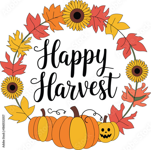 Happy Harvest Wreath Featuring Pumpkins, Leaves, and Sunflowers