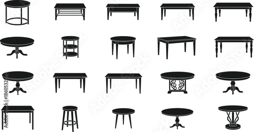 Table silhouette vector, black furniture icons, modern and classic table designs, interior decor graphic, home furnishing illustration, shape variety art