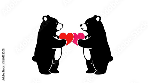 Two Bears Holding Hearts Together Illustration.