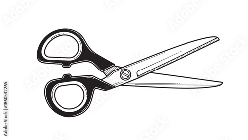 Sharp metal scissors with black handles isolated on white background in studio setting.