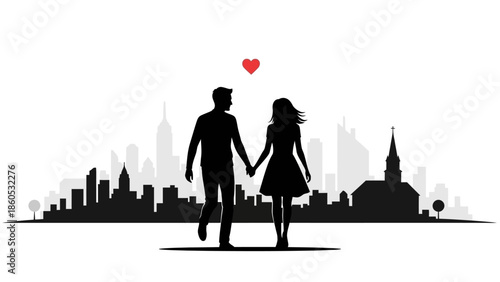 Couple Holding Hands Silhouette with Heart.
