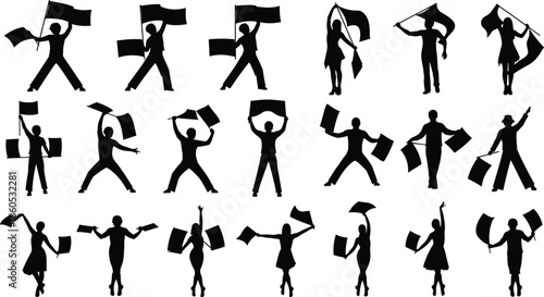Flag waving silhouette, people holding flags vector, black human pose icons, protest celebration illustration, public demonstration graphic, unity movement art