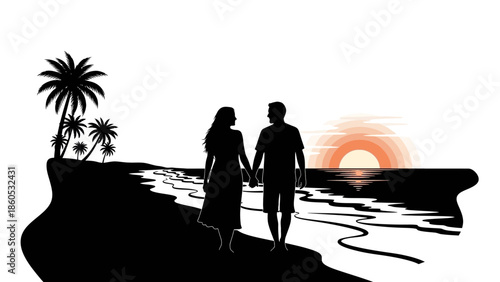 Couple Holding Hands Walking Silhouette Sunset.