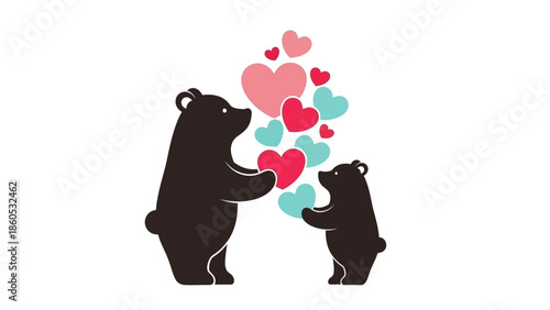 Two Bears Exchanging Hearts in Illustration.