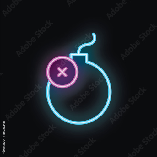 Neon icon of a round bomb with a lit fuse and a cross symbol is glowing on a dark background
