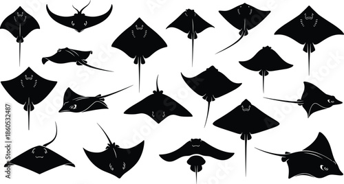 Ray silhouette vector, stingray and manta icons, black marine animal illustration, ocean wildlife design, aquatic creature graphic art