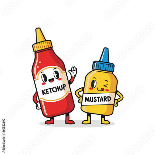 Two Cheerful Cartoon Ketchup And Mustard Bottles As Cute Condiment Duo.