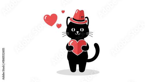 Black Cat Holding Heart with Red Hat.