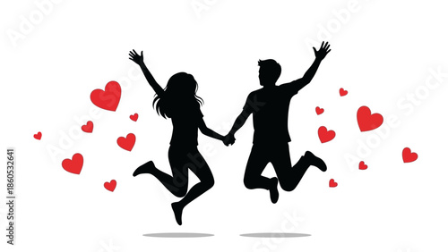 Couple Jumping Together with Hearts Around.