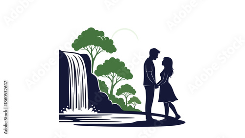Couple Holding Hands Near Waterfall Illustration.