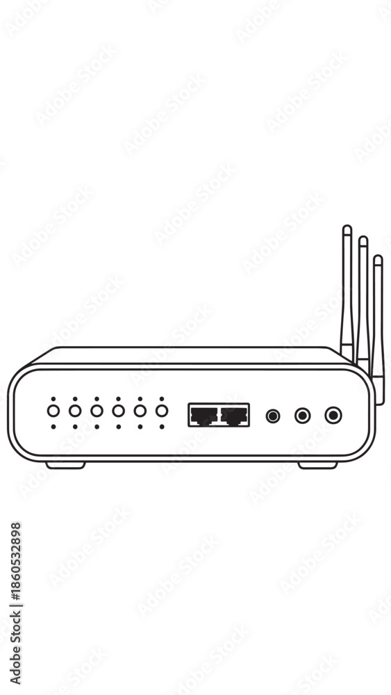 Fototapeta premium Wireless router with multiple antennas and LED indicators on a clean white surface.