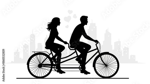 Couple Riding Tandem Bicycle Silhouette.