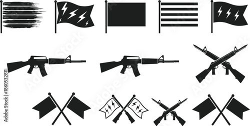 Military flag icons, tactical weapon silhouettes, combat symbols, black vector graphics, war emblem set, aggressive design, army illustration, defense art