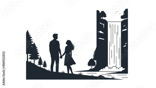 Silhouette Couple Holding Hands Near Waterfall.