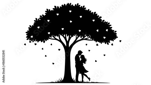 Couple Embracing Under Tree Silhouette Illustration.