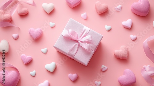 Gift box with heart decoration on a pink background, capturing a sweet Valentine’s Day celebration mood.
