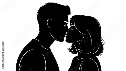 Silhouette of Couple Kissing Intimately Together.